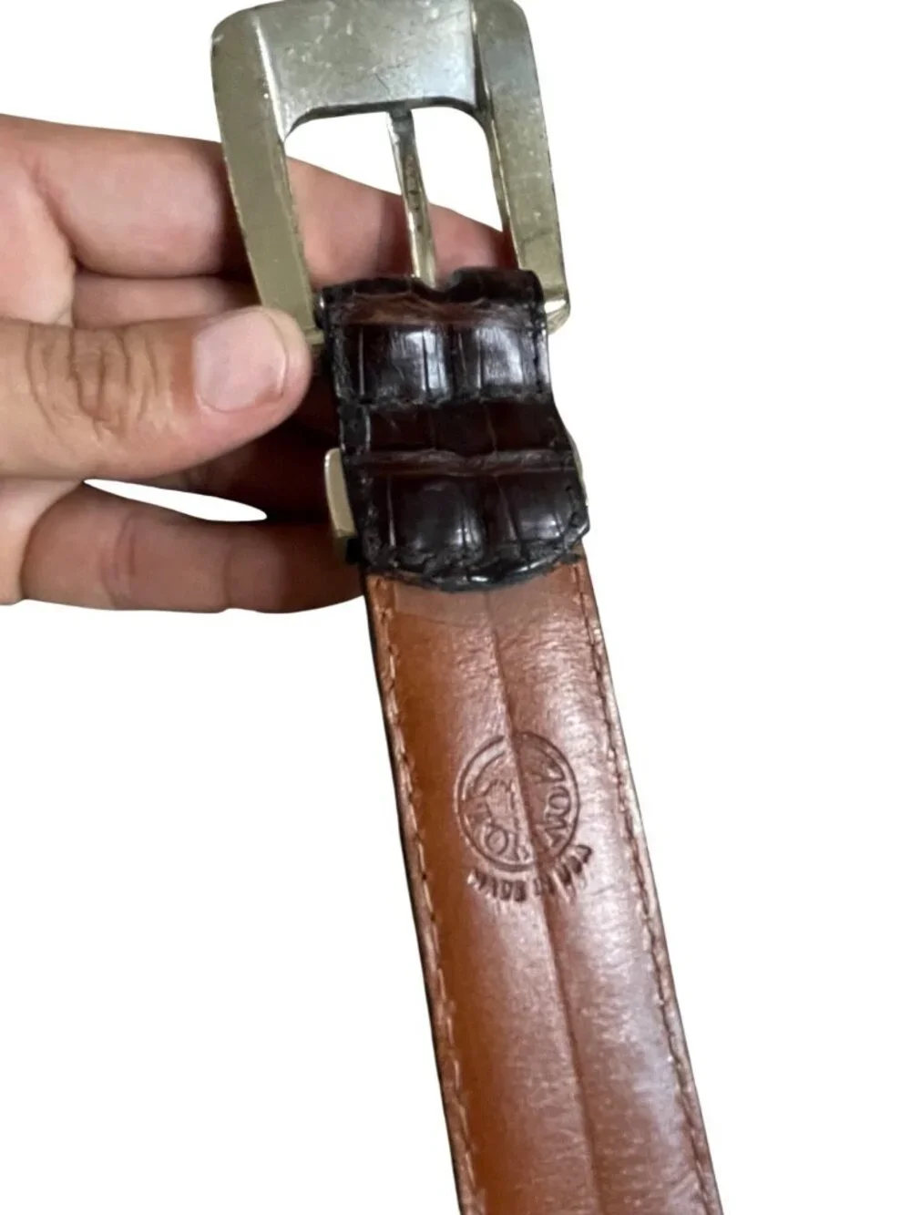 Johnston & Murphy South American Crocodile Leather Belt With Silver Buckle Made